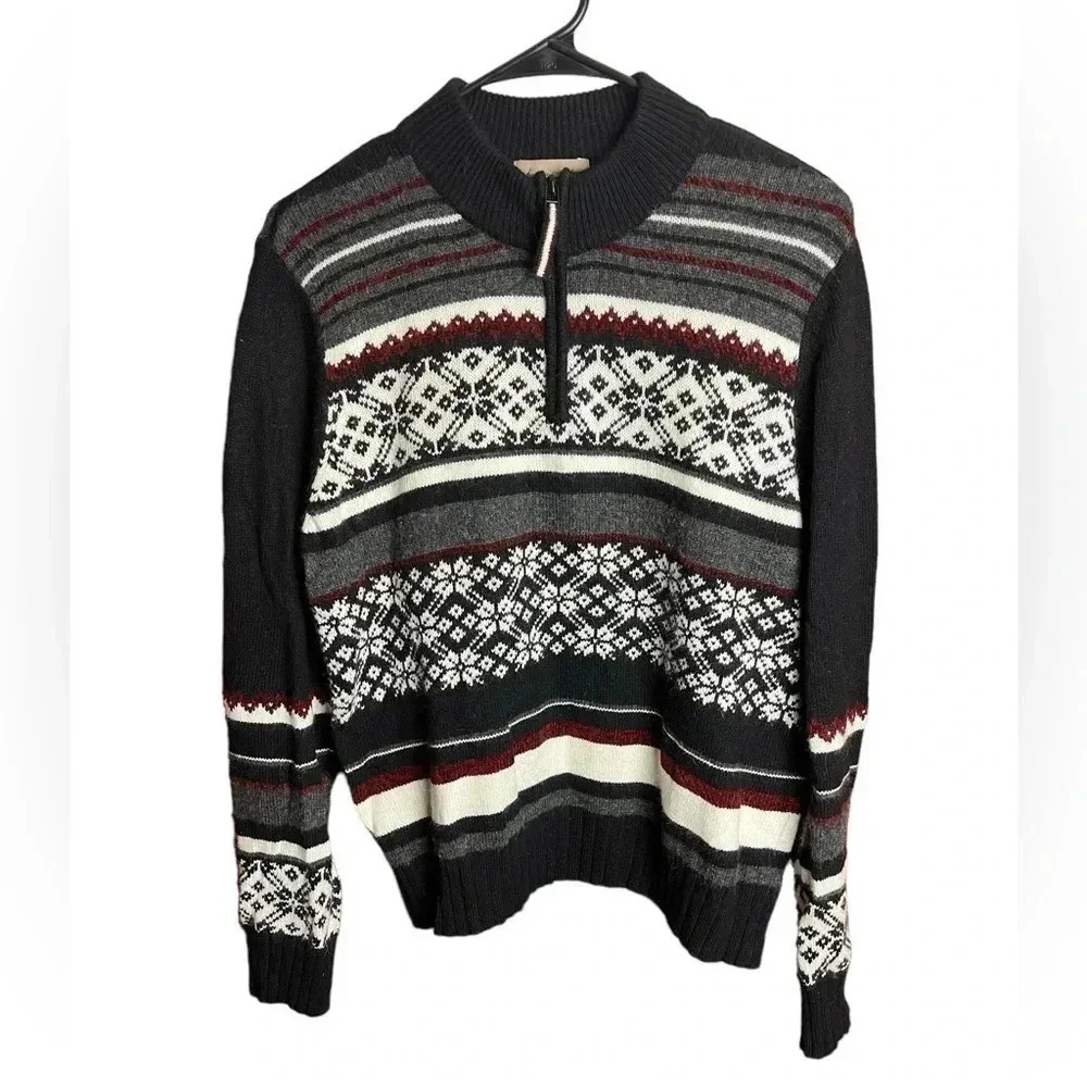 I.E. Relaxed 1/4 zip Nordic Striped Women's Sweater Winter Mock Neck Angora Siz…